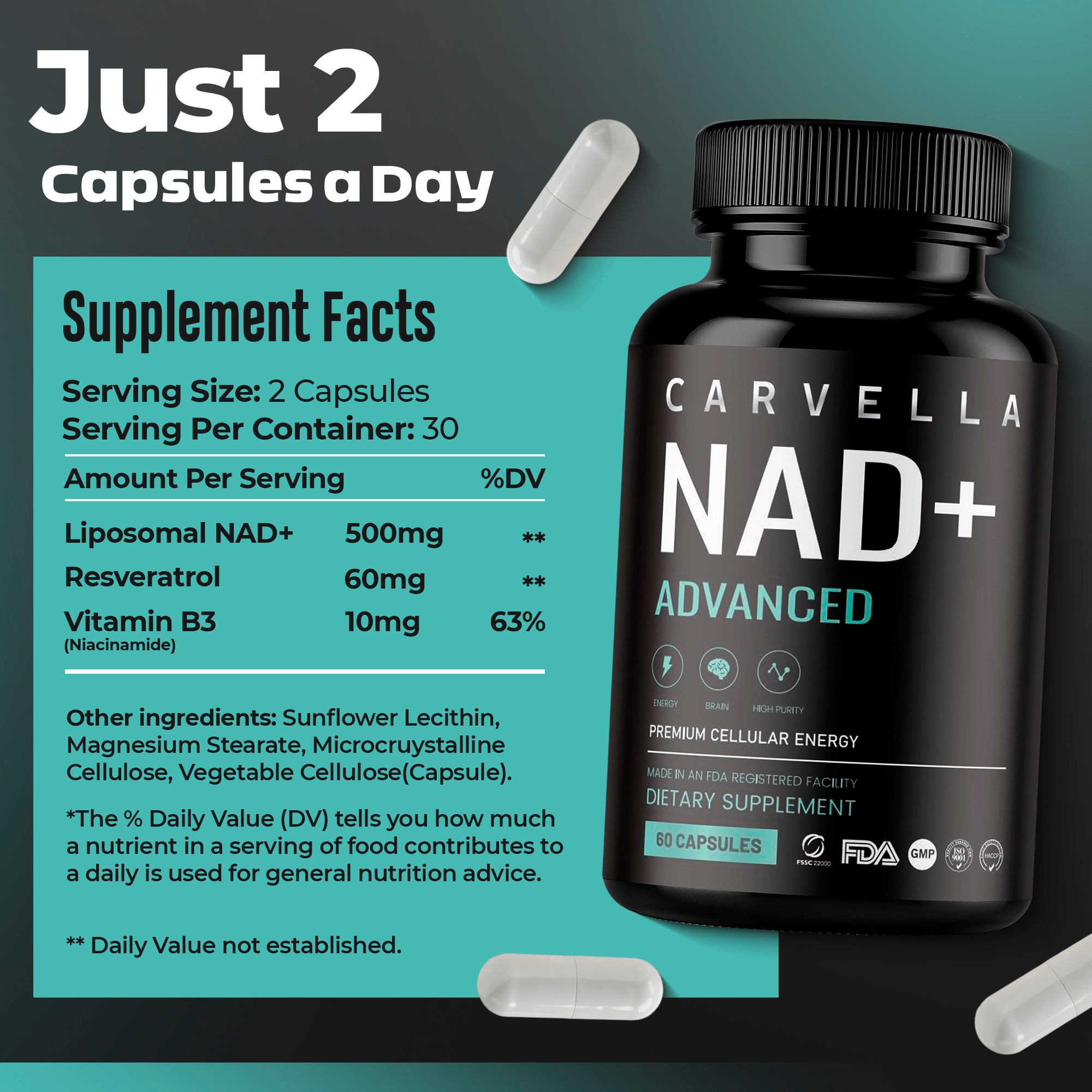 CARVELLA™ NAD+ Advanced Daily Supplement – 60 Capsules
